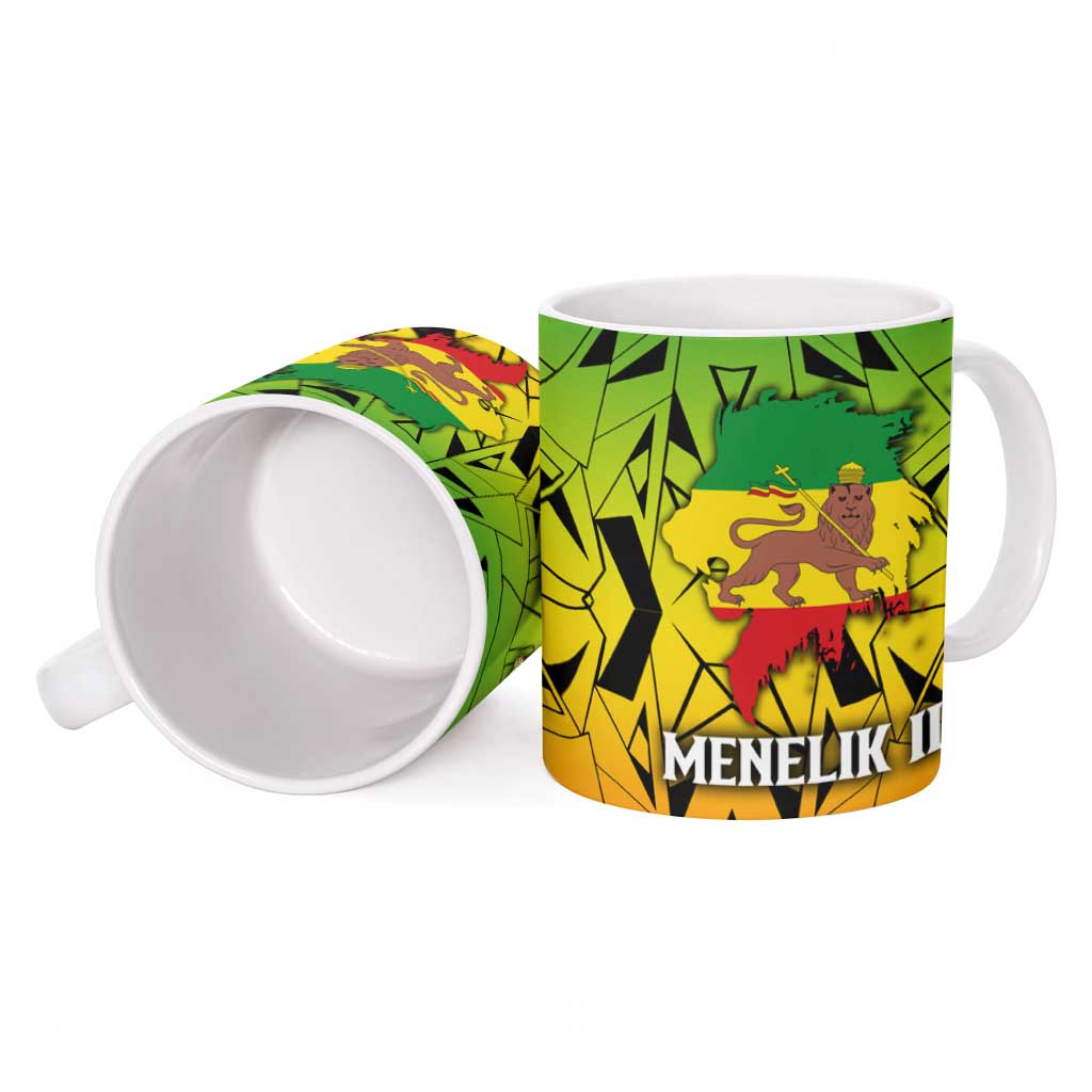 Menelik II Ceramic Mug with Crowned Portrait, Ethiopia Never Colonized Text and Pan-African Abstract - African Pride