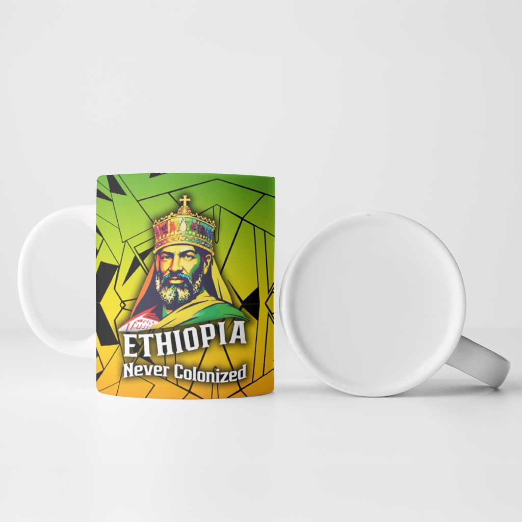 Menelik II Ceramic Mug with Crowned Portrait, Ethiopia Never Colonized Text and Pan-African Abstract - African Pride