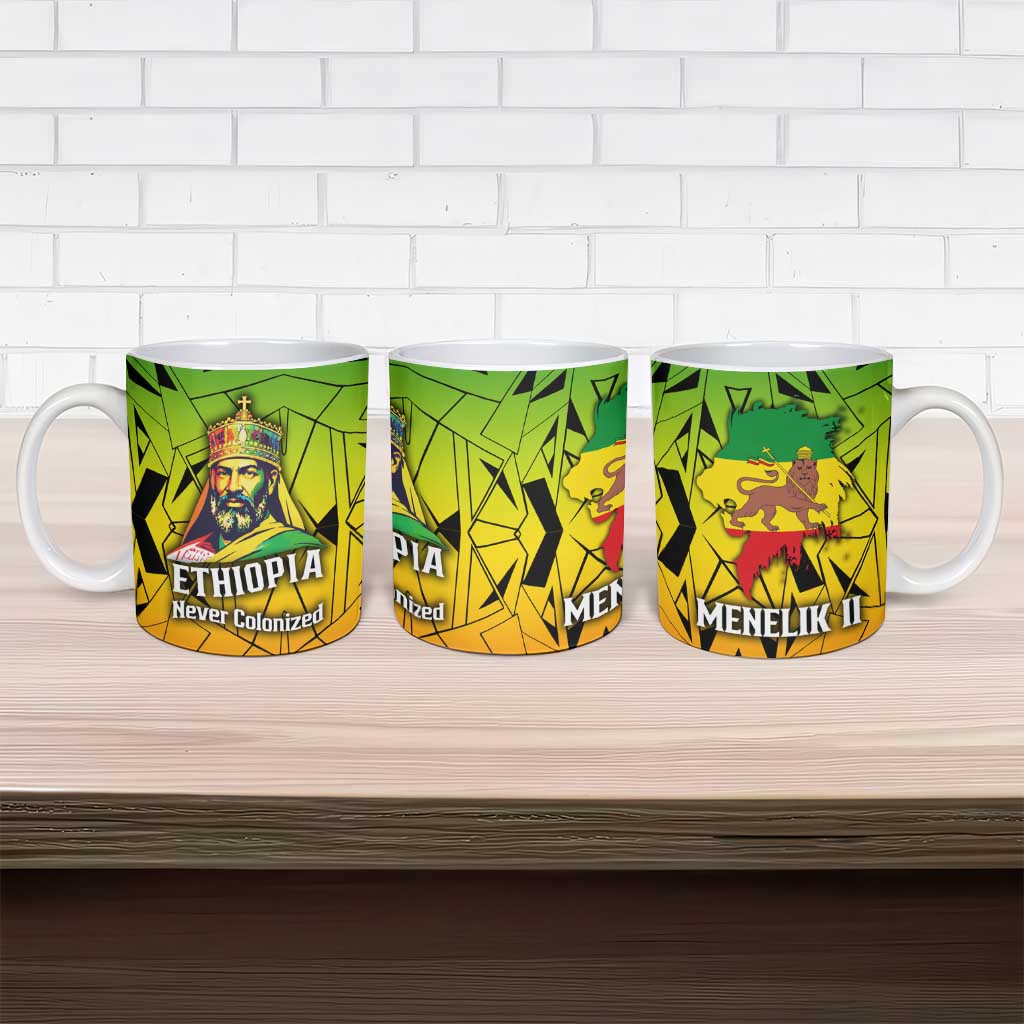 Menelik II Ceramic Mug with Crowned Portrait, Ethiopia Never Colonized Text and Pan-African Abstract - African Pride