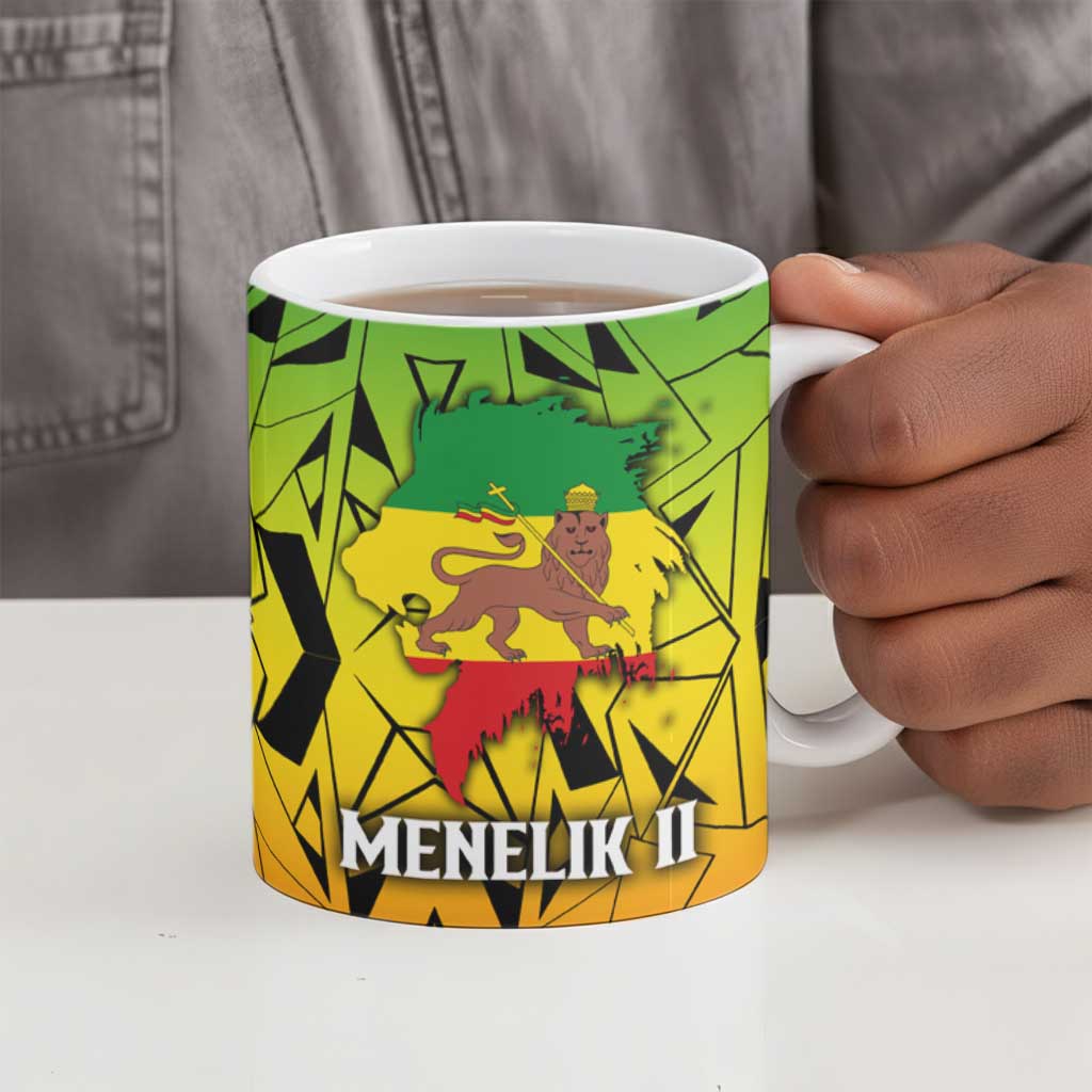 Menelik II Ceramic Mug with Crowned Portrait, Ethiopia Never Colonized Text and Pan-African Abstract - African Pride