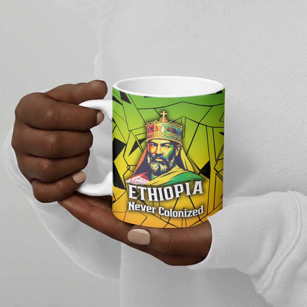 Menelik II Ceramic Mug with Crowned Portrait, Ethiopia Never Colonized Text and Pan-African Abstract - African Pride