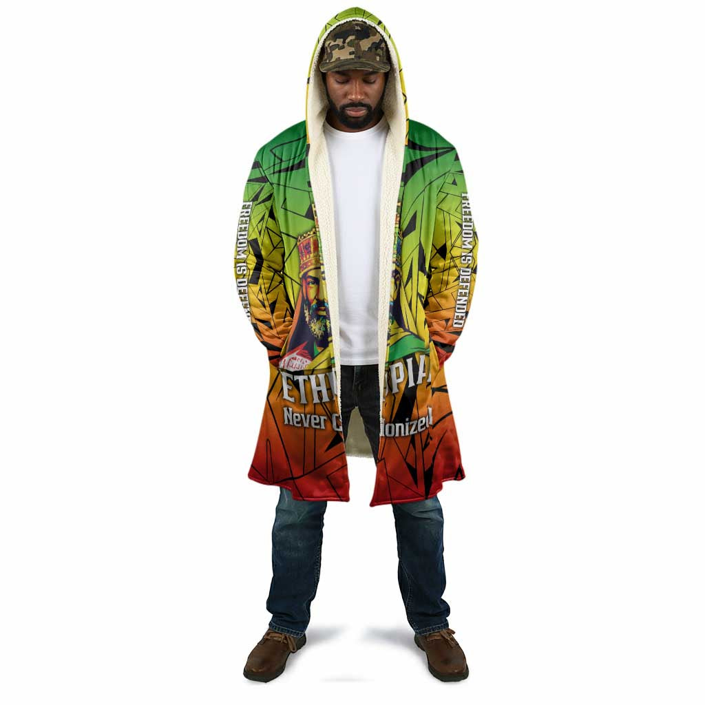 Menelik II Cloak with Crowned Portrait, Ethiopia Never Colonized Text and Pan-African Abstract - African Pride