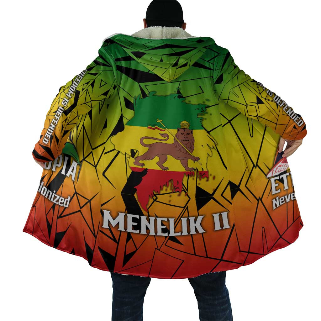 Menelik II Cloak with Crowned Portrait, Ethiopia Never Colonized Text and Pan-African Abstract - African Pride