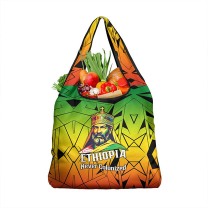 Menelik II Grocery Bag with Crowned Portrait, Ethiopia Never Colonized Text and Pan-African Abstract - African Pride