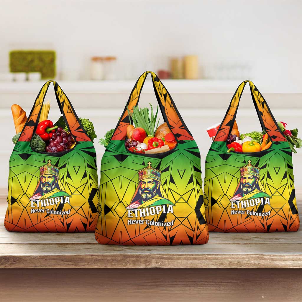 Menelik II Grocery Bag with Crowned Portrait, Ethiopia Never Colonized Text and Pan-African Abstract - African Pride