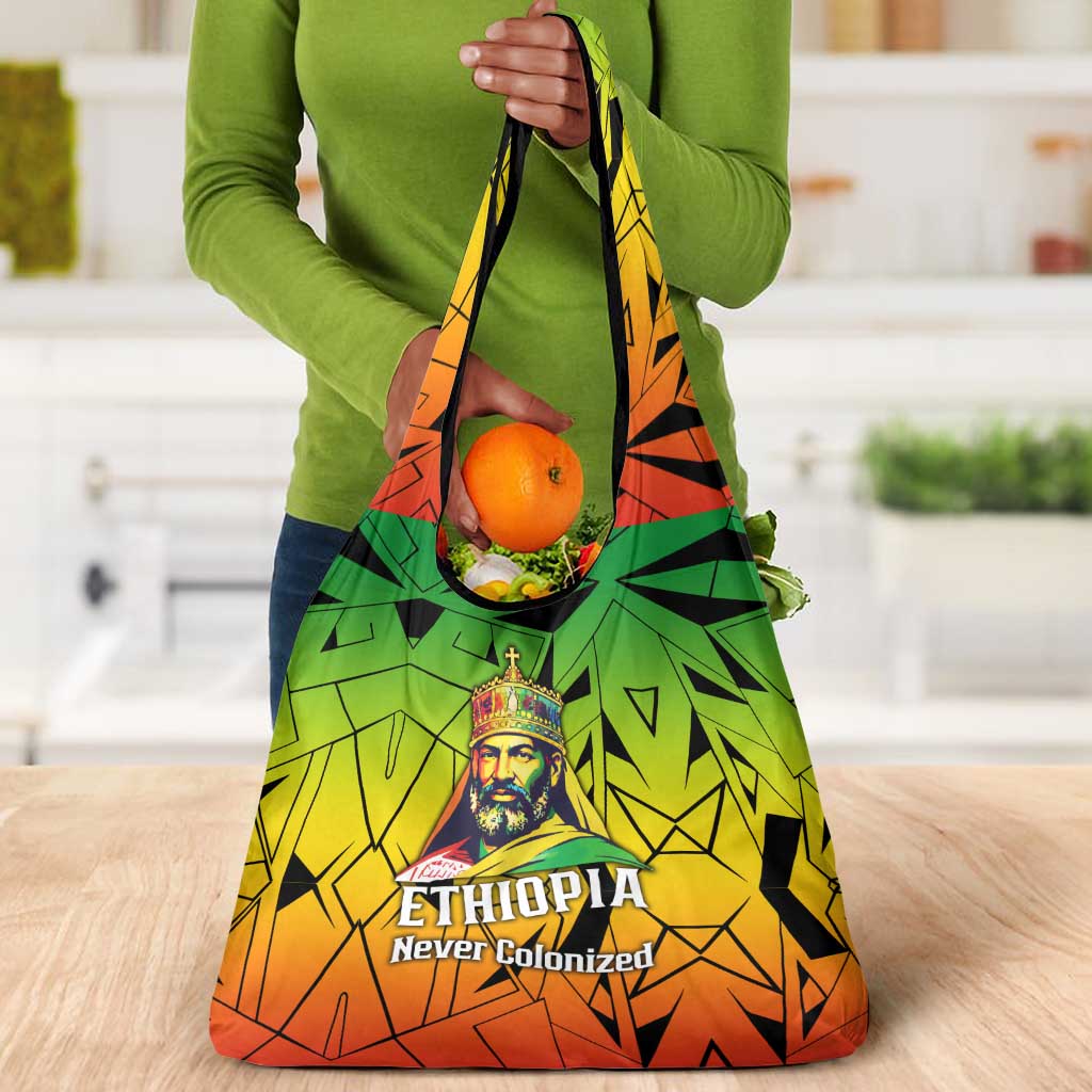 Menelik II Grocery Bag with Crowned Portrait, Ethiopia Never Colonized Text and Pan-African Abstract - African Pride