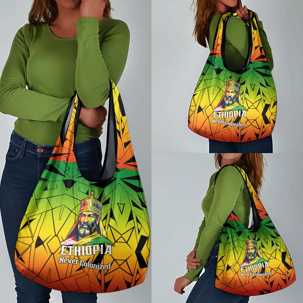 Menelik II Grocery Bag with Crowned Portrait, Ethiopia Never Colonized Text and Pan-African Abstract - African Pride