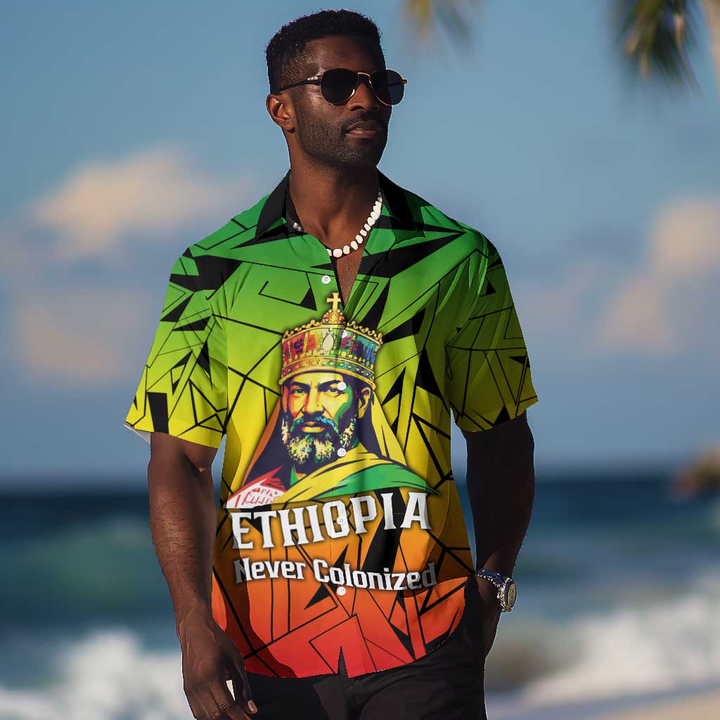 Menelik II Hawaiian Shirt with Crowned Portrait, Ethiopia Never Colonized Text and Pan-African Abstract - African Pride