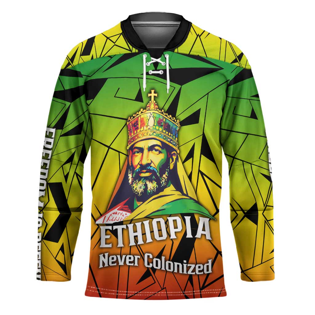 Menelik II Hockey Jersey with Crowned Portrait, Ethiopia Never Colonized Text and Pan-African Abstract - African Pride