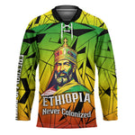 Menelik II Hockey Jersey with Crowned Portrait, Ethiopia Never Colonized Text and Pan-African Abstract - African Pride