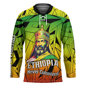 Menelik II Hockey Jersey with Crowned Portrait, Ethiopia Never Colonized Text and Pan-African Abstract - African Pride