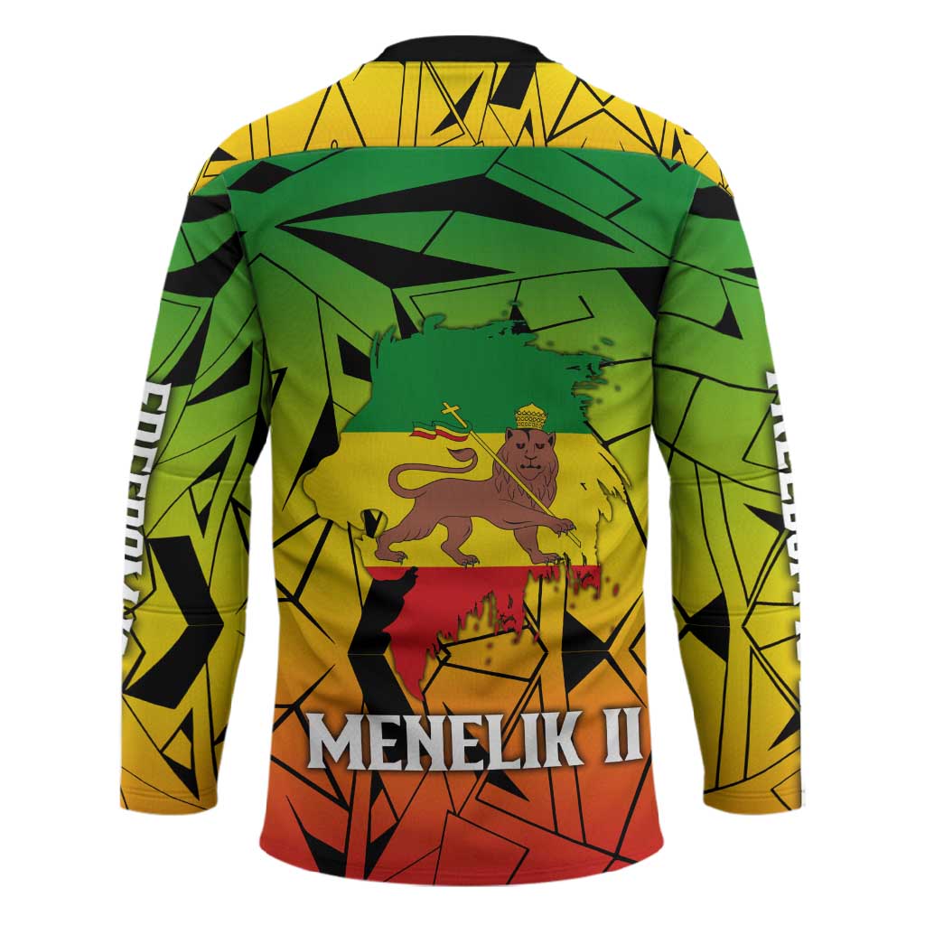 Menelik II Hockey Jersey with Crowned Portrait, Ethiopia Never Colonized Text and Pan-African Abstract - African Pride