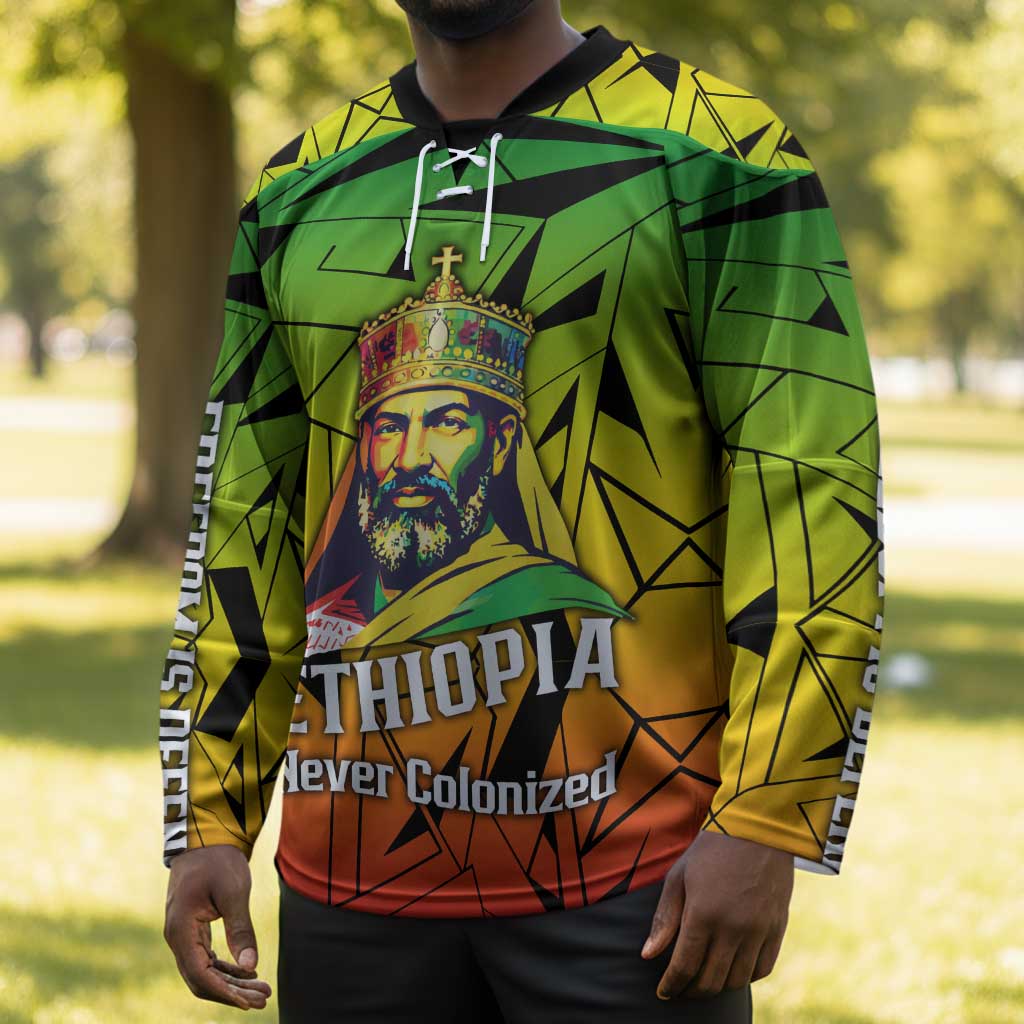 Menelik II Hockey Jersey with Crowned Portrait, Ethiopia Never Colonized Text and Pan-African Abstract - African Pride