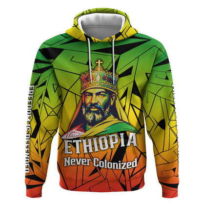 Menelik II Hoodie with Crowned Portrait, Ethiopia Never Colonized Text and Pan-African Abstract - African Pride