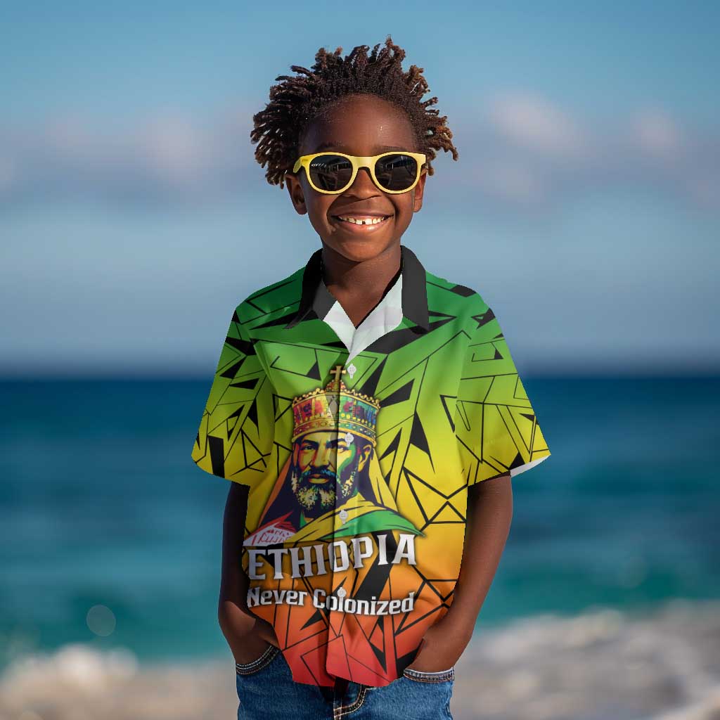 Menelik II Kid Hawaiian Shirt with Crowned Portrait, Ethiopia Never Colonized Text and Pan-African Abstract - African Pride