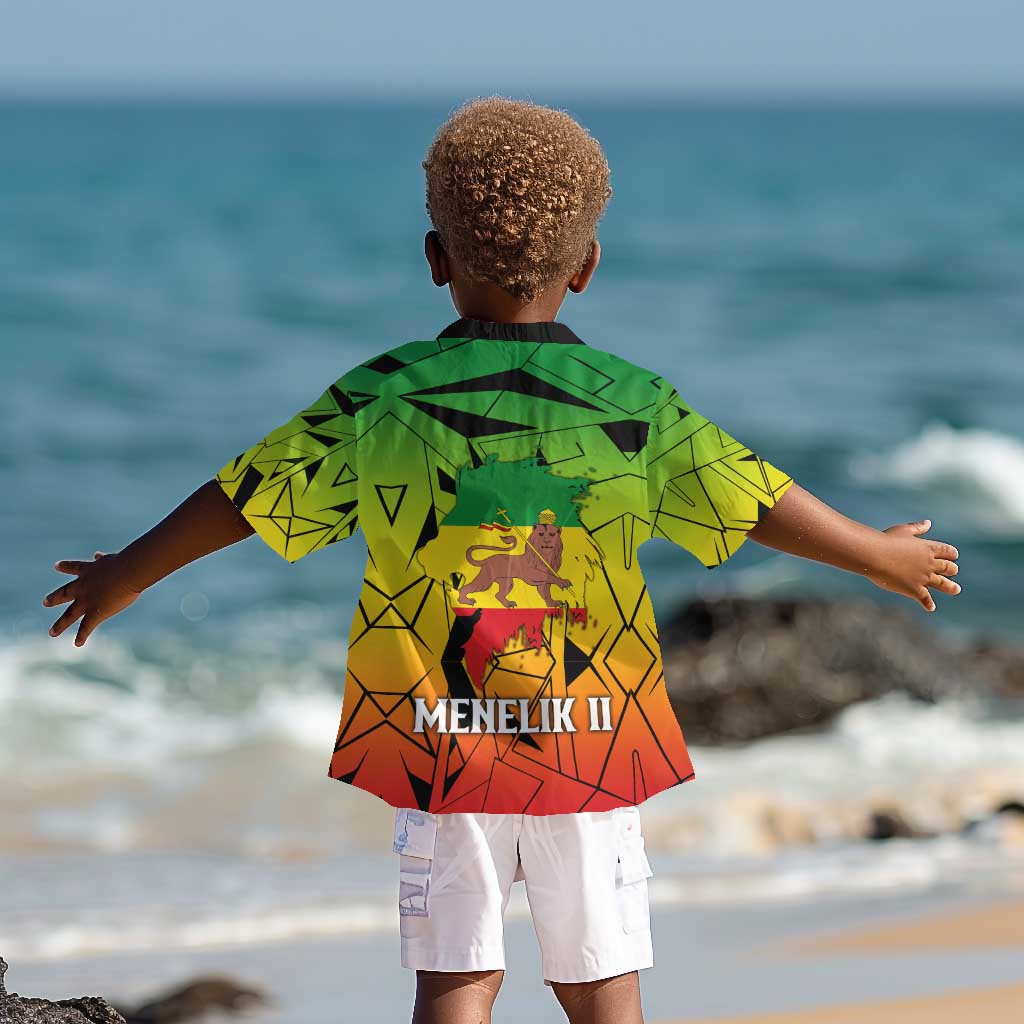 Menelik II Kid Hawaiian Shirt with Crowned Portrait, Ethiopia Never Colonized Text and Pan-African Abstract - African Pride