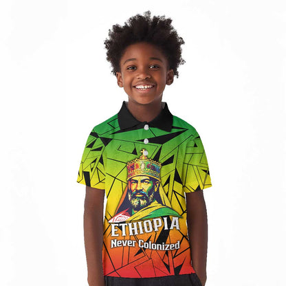 Menelik II Kid Polo Shirt with Crowned Portrait, Ethiopia Never Colonized Text and Pan-African Abstract - African Pride