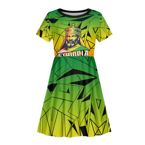 Menelik II Kid Short Sleeve Dress with Crowned Portrait, Ethiopia Never Colonized Text and Pan-African Abstract - African Pride