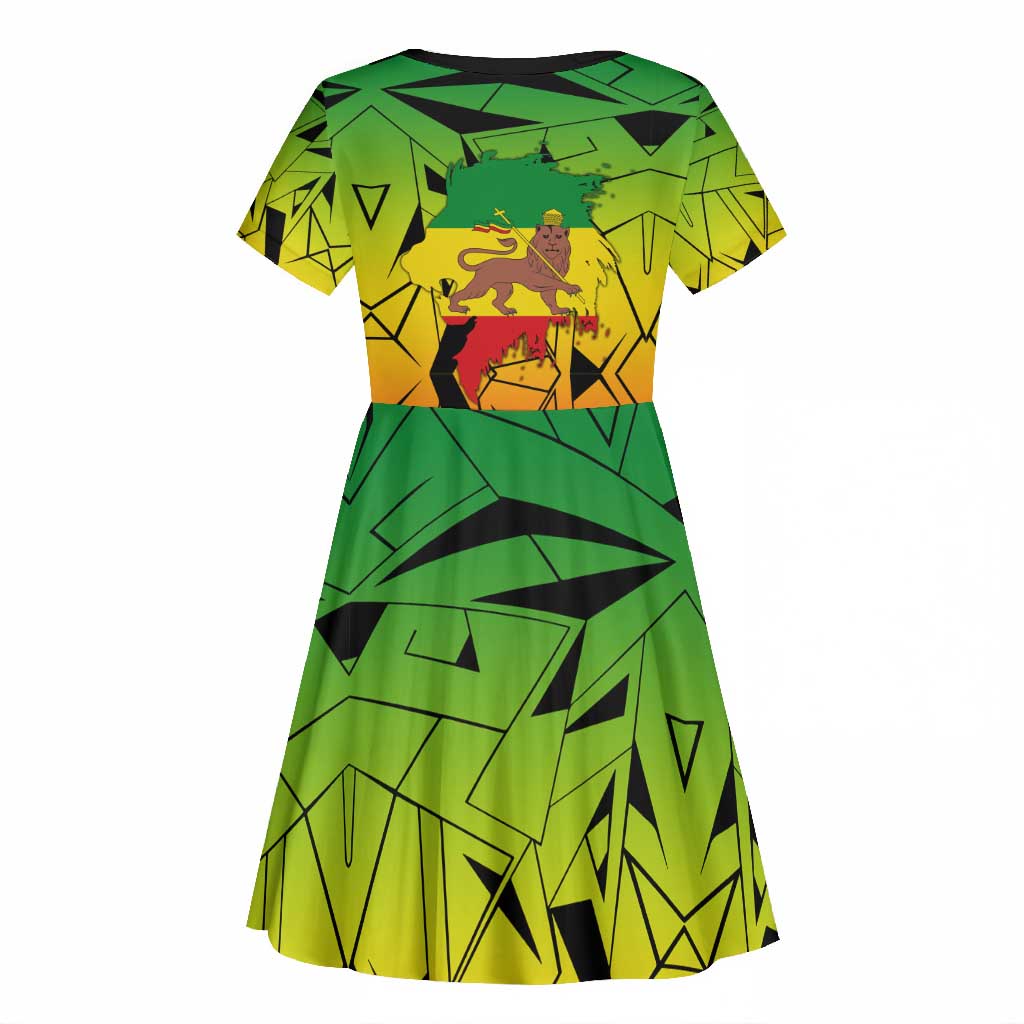 Menelik II Kid Short Sleeve Dress with Crowned Portrait, Ethiopia Never Colonized Text and Pan-African Abstract - African Pride
