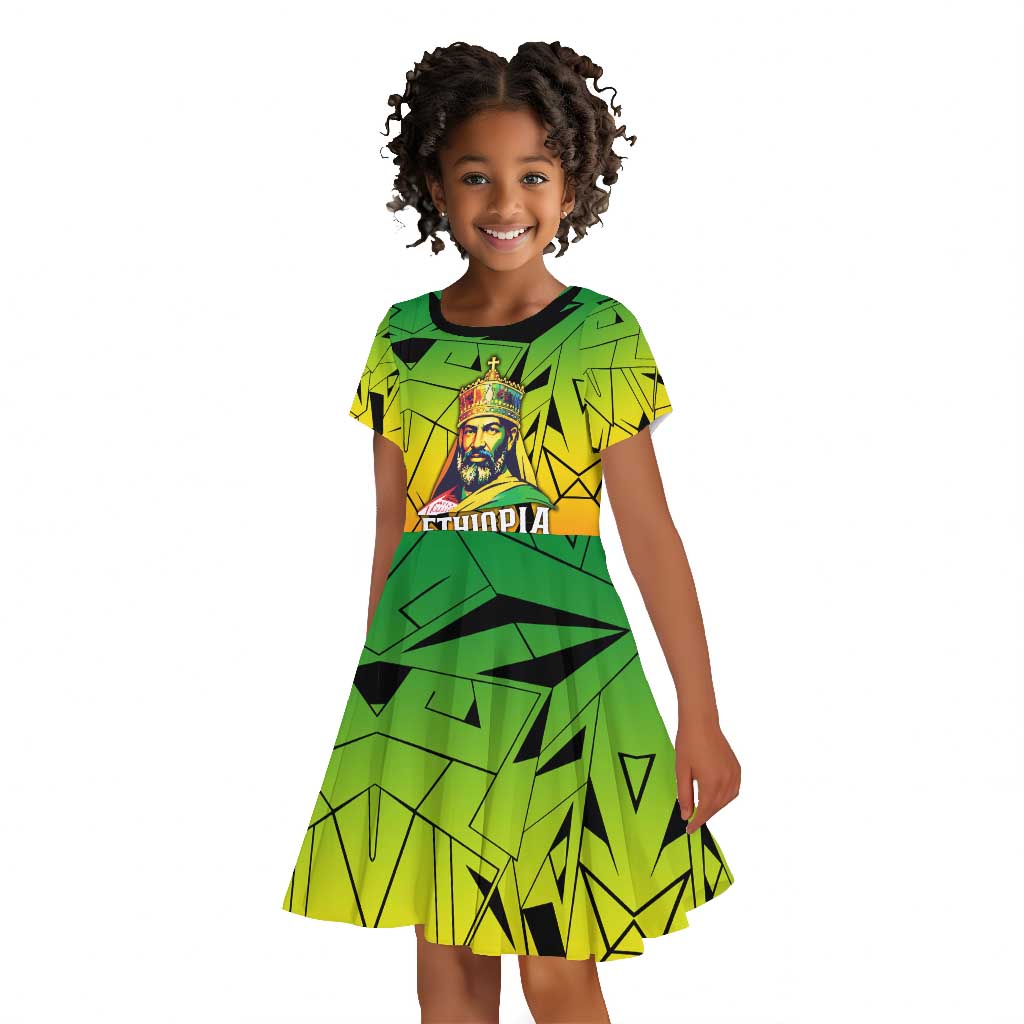 Menelik II Kid Short Sleeve Dress with Crowned Portrait, Ethiopia Never Colonized Text and Pan-African Abstract - African Pride