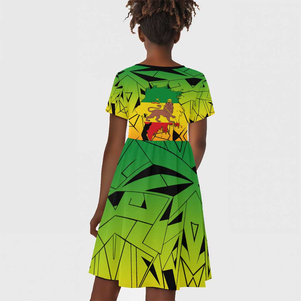 Menelik II Kid Short Sleeve Dress with Crowned Portrait, Ethiopia Never Colonized Text and Pan-African Abstract - African Pride