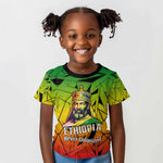 Menelik II Kid T shirt with Crowned Portrait, Ethiopia Never Colonized Text and Pan-African Abstract - African Pride
