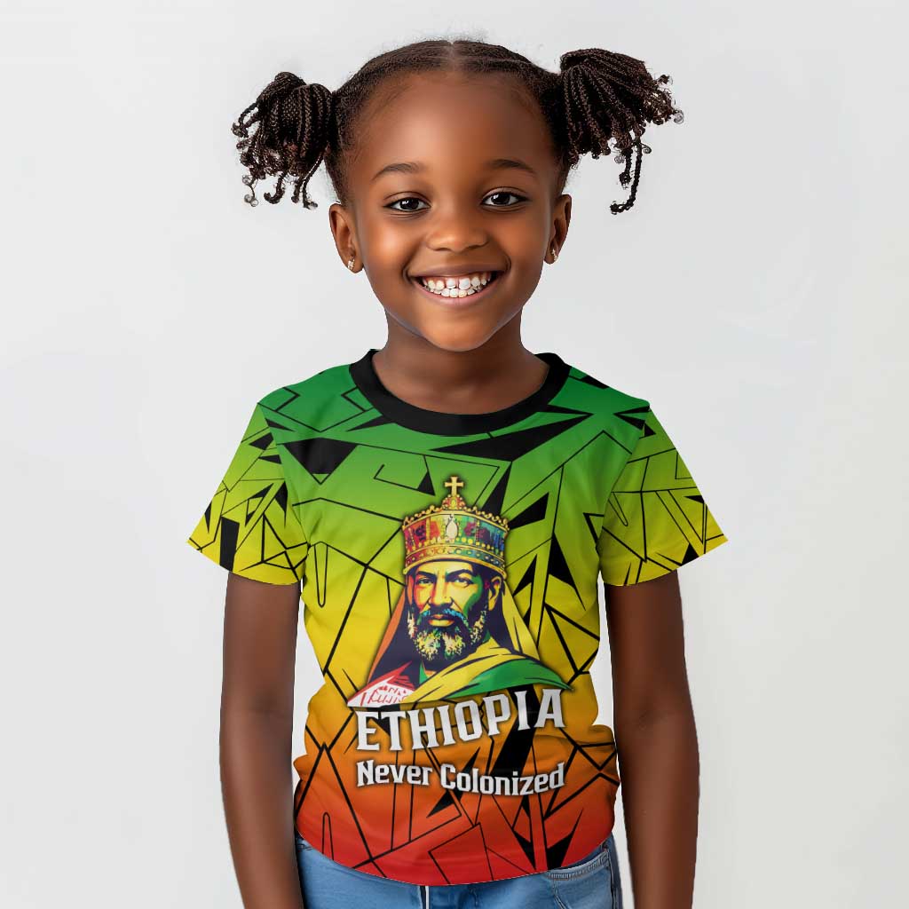 Menelik II Kid T shirt with Crowned Portrait, Ethiopia Never Colonized Text and Pan-African Abstract - African Pride
