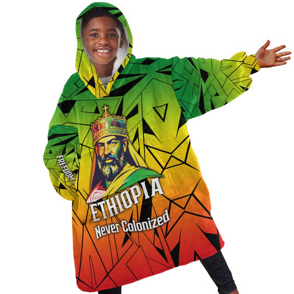 Menelik II Kid Wearable Blanket Hoodie with Crowned Portrait, Ethiopia Never Colonized Text and Pan-African Abstract - African Pride