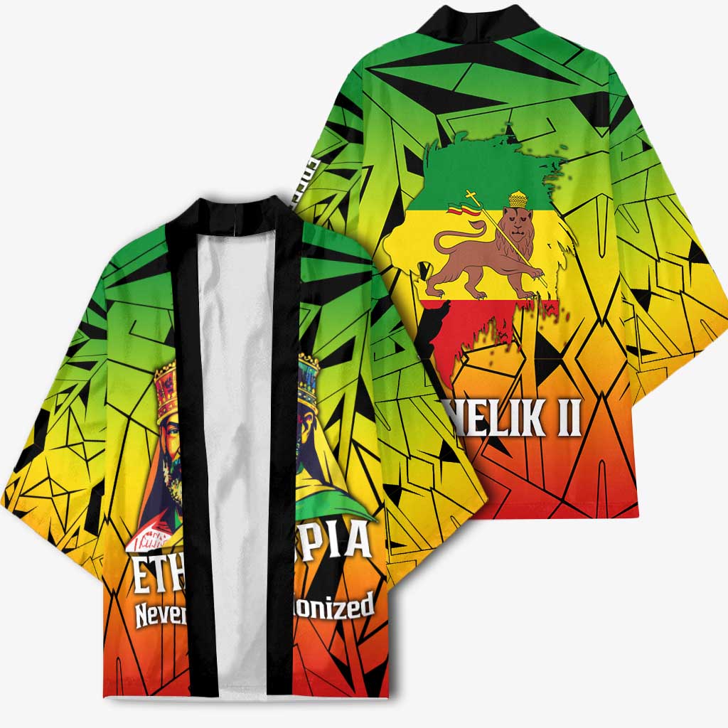 Menelik II Kimono with Crowned Portrait, Ethiopia Never Colonized Text and Pan-African Abstract - African Pride
