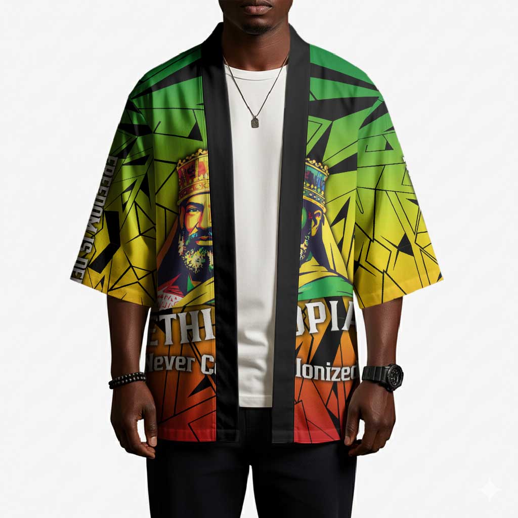 Menelik II Kimono with Crowned Portrait, Ethiopia Never Colonized Text and Pan-African Abstract - African Pride