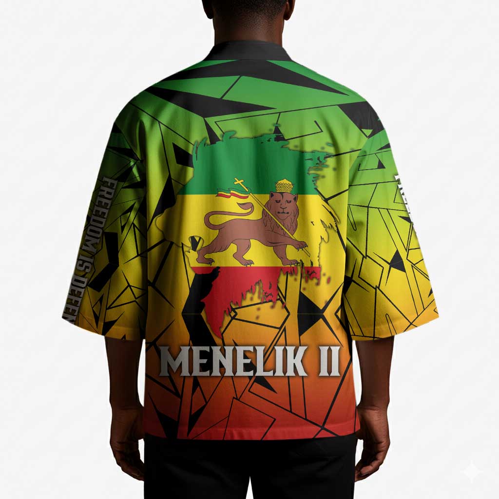 Menelik II Kimono with Crowned Portrait, Ethiopia Never Colonized Text and Pan-African Abstract - African Pride