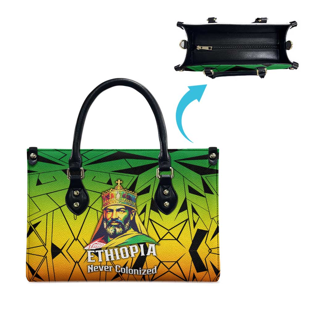 Menelik II Leather Bag with Crowned Portrait, Ethiopia Never Colonized Text and Pan-African Abstract - African Pride