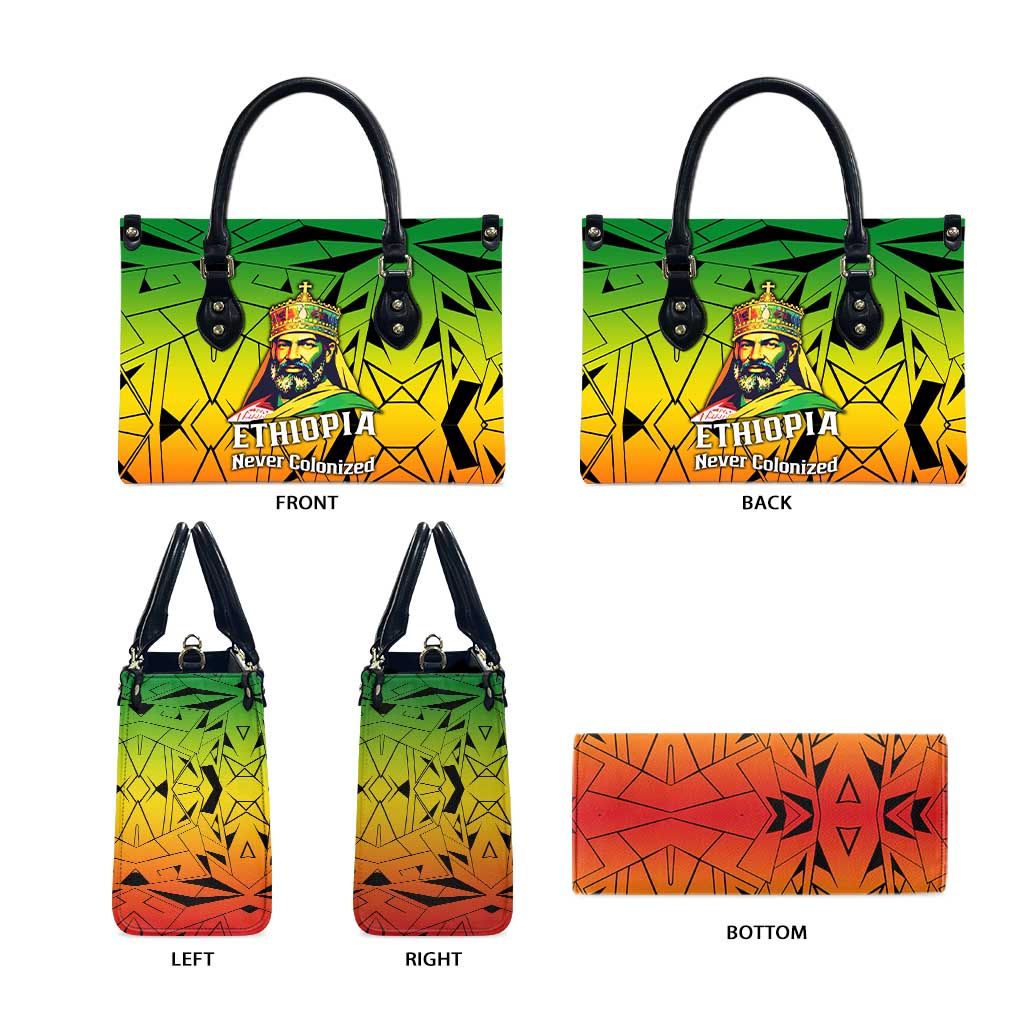 Menelik II Leather Bag with Crowned Portrait, Ethiopia Never Colonized Text and Pan-African Abstract - African Pride