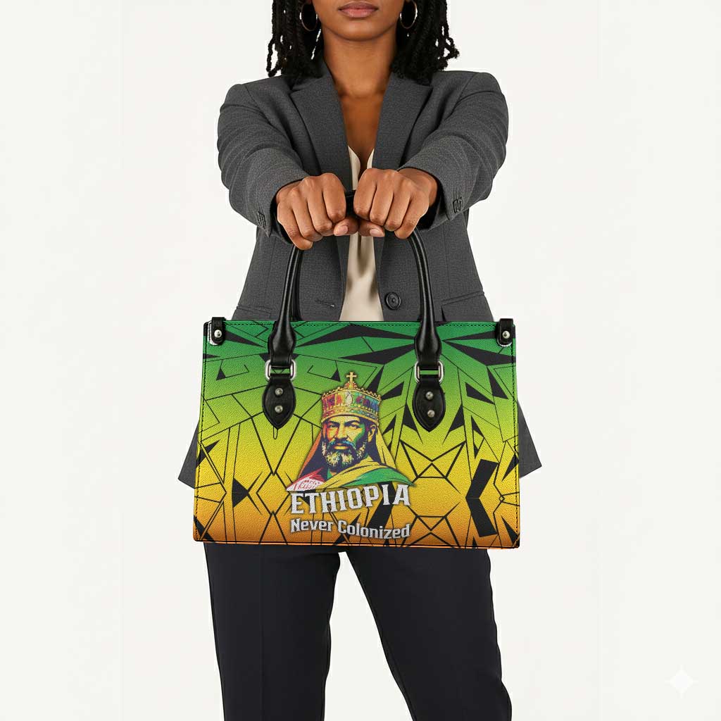 Menelik II Leather Bag with Crowned Portrait, Ethiopia Never Colonized Text and Pan-African Abstract - African Pride