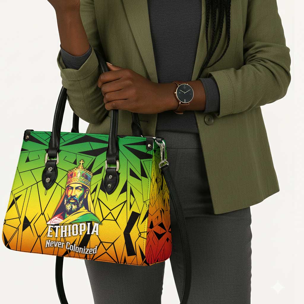 Menelik II Leather Bag with Crowned Portrait, Ethiopia Never Colonized Text and Pan-African Abstract - African Pride