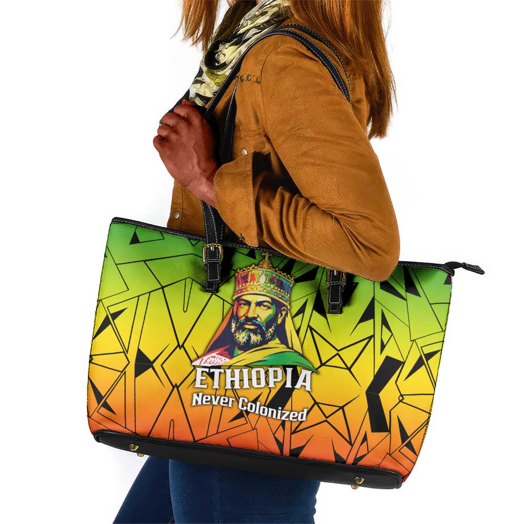 Menelik II Leather Tote Bag with Crowned Portrait, Ethiopia Never Colonized Text and Pan-African Abstract - African Pride