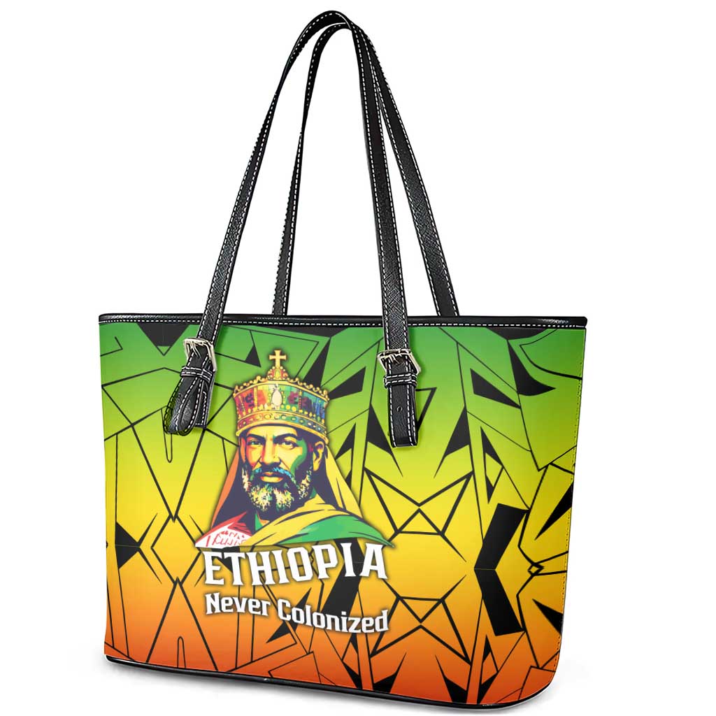 Menelik II Leather Tote Bag with Crowned Portrait, Ethiopia Never Colonized Text and Pan-African Abstract - African Pride