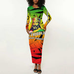 Menelik II Long Sleeve Bodycon Dress with Crowned Portrait, Ethiopia Never Colonized Text and Pan-African Abstract - African Pride