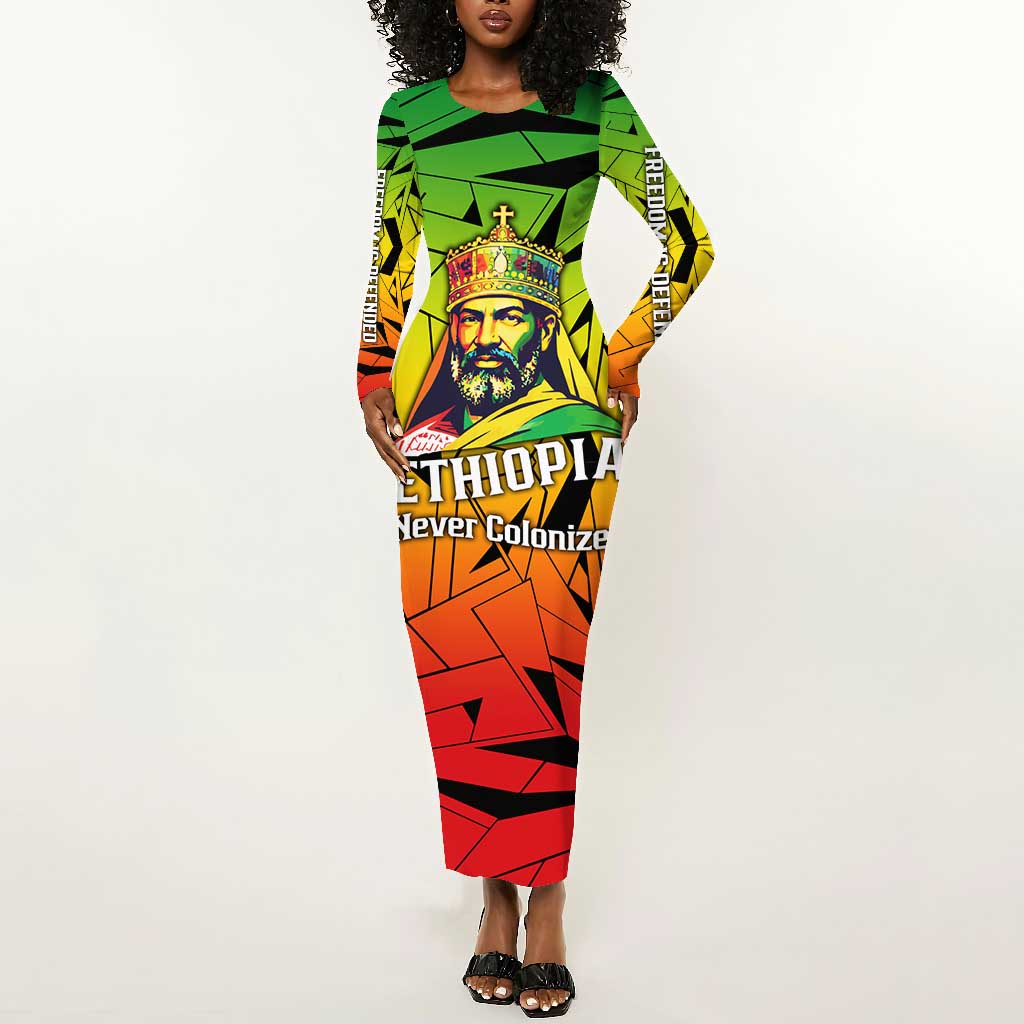 Menelik II Long Sleeve Bodycon Dress with Crowned Portrait, Ethiopia Never Colonized Text and Pan-African Abstract - African Pride