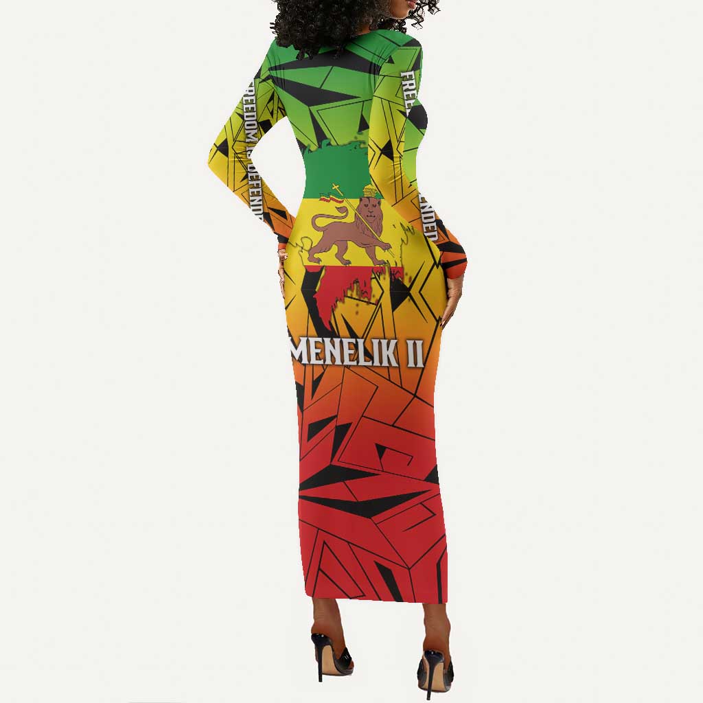 Menelik II Long Sleeve Bodycon Dress with Crowned Portrait, Ethiopia Never Colonized Text and Pan-African Abstract - African Pride