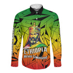 Menelik II Long Sleeve Button Shirt with Crowned Portrait, Ethiopia Never Colonized Text and Pan-African Abstract - African Pride