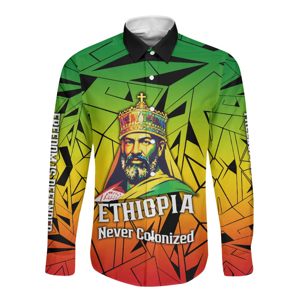 Menelik II Long Sleeve Button Shirt with Crowned Portrait, Ethiopia Never Colonized Text and Pan-African Abstract - African Pride