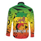 Menelik II Long Sleeve Button Shirt with Crowned Portrait, Ethiopia Never Colonized Text and Pan-African Abstract - African Pride