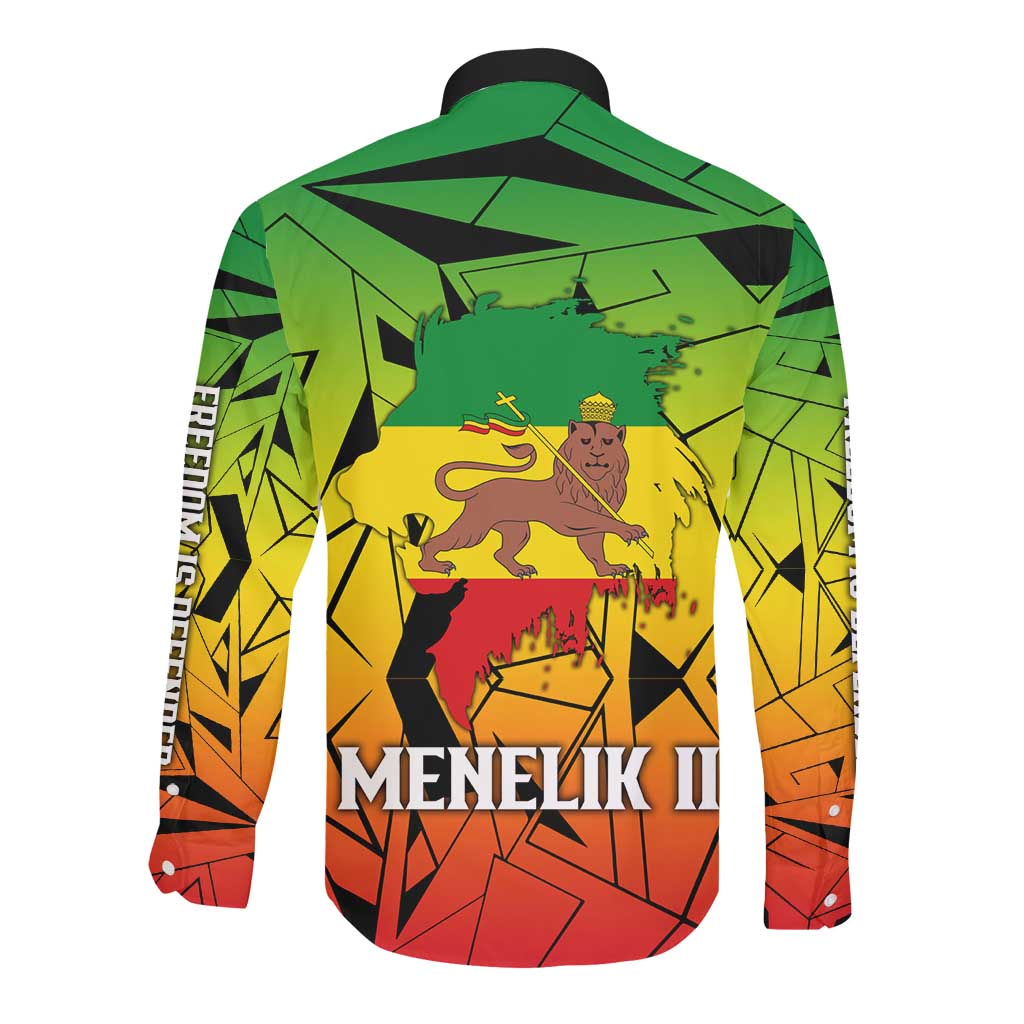 Menelik II Long Sleeve Button Shirt with Crowned Portrait, Ethiopia Never Colonized Text and Pan-African Abstract - African Pride