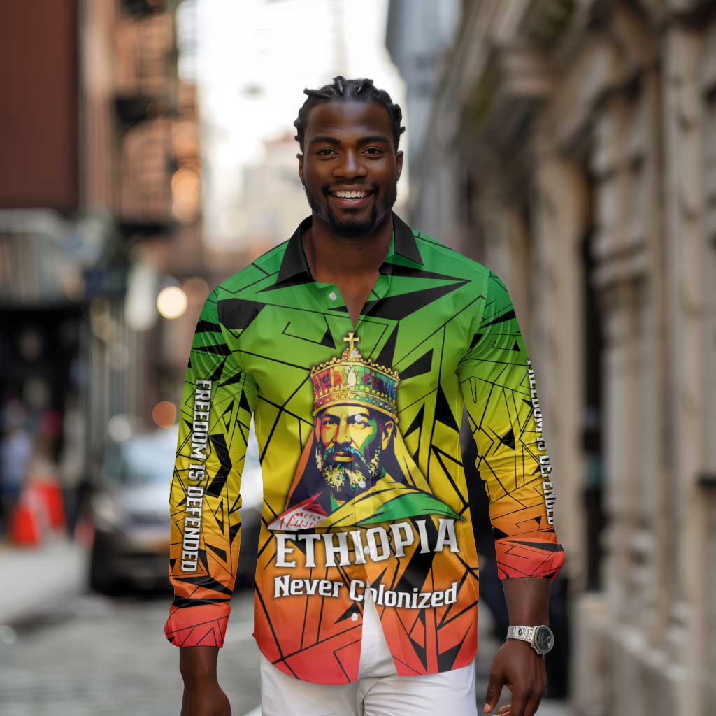Menelik II Long Sleeve Button Shirt with Crowned Portrait, Ethiopia Never Colonized Text and Pan-African Abstract - African Pride
