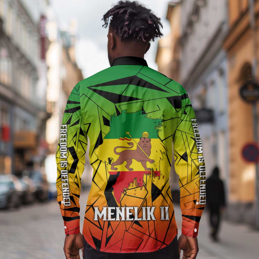 Menelik II Long Sleeve Button Shirt with Crowned Portrait, Ethiopia Never Colonized Text and Pan-African Abstract - African Pride
