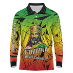 Menelik II Long Sleeve Polo Shirt with Crowned Portrait, Ethiopia Never Colonized Text and Pan-African Abstract - African Pride