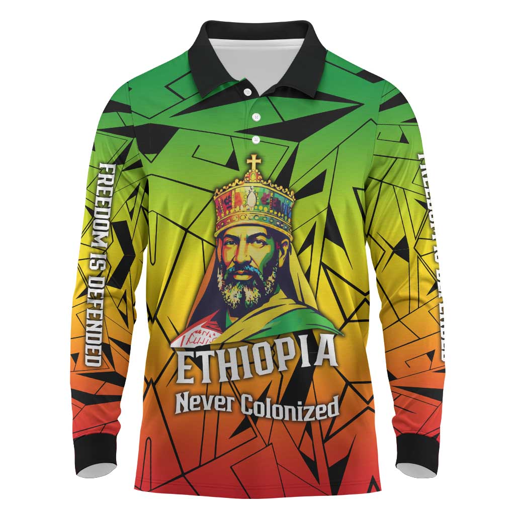 Menelik II Long Sleeve Polo Shirt with Crowned Portrait, Ethiopia Never Colonized Text and Pan-African Abstract - African Pride