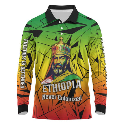 Menelik II Long Sleeve Polo Shirt with Crowned Portrait, Ethiopia Never Colonized Text and Pan-African Abstract - African Pride