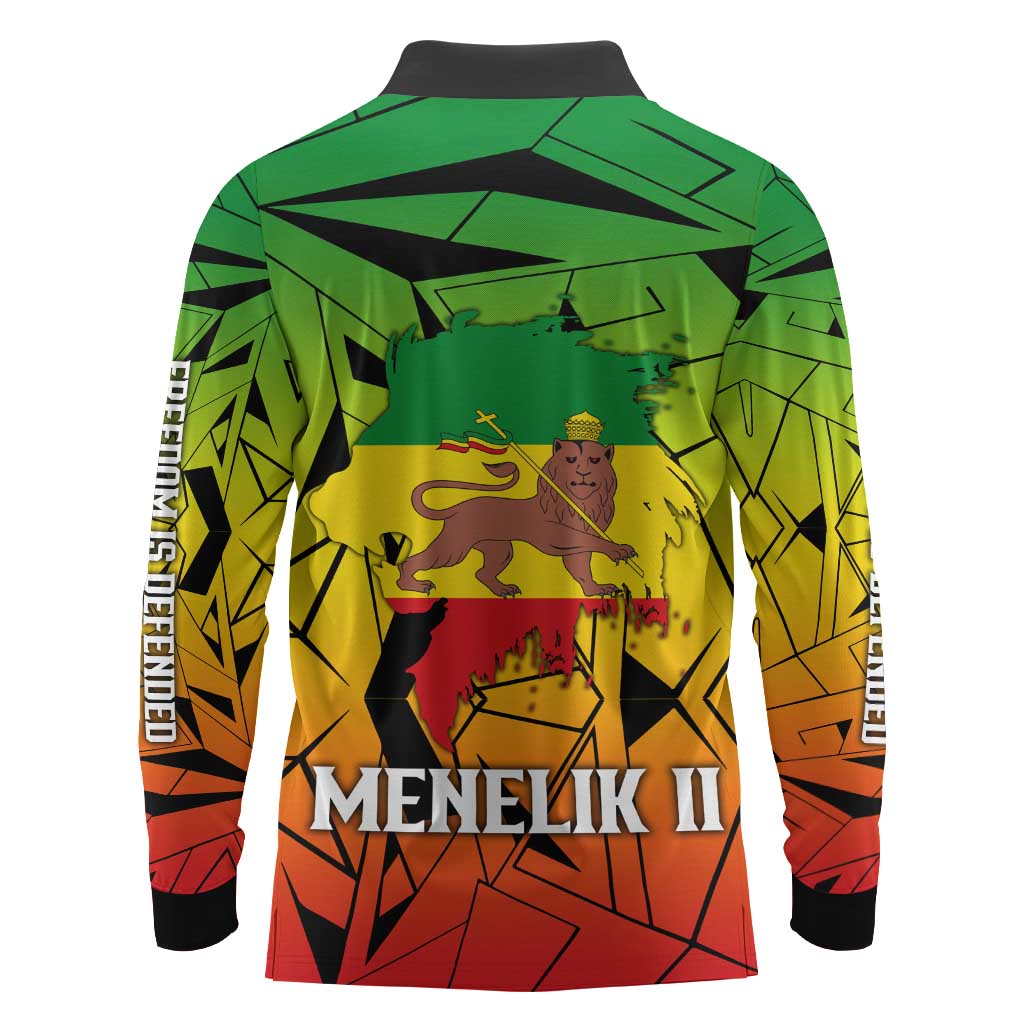 Menelik II Long Sleeve Polo Shirt with Crowned Portrait, Ethiopia Never Colonized Text and Pan-African Abstract - African Pride